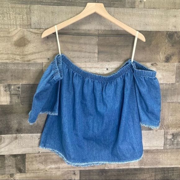 JOA Denim Off the Shoulder Top - Picture 2 of 9